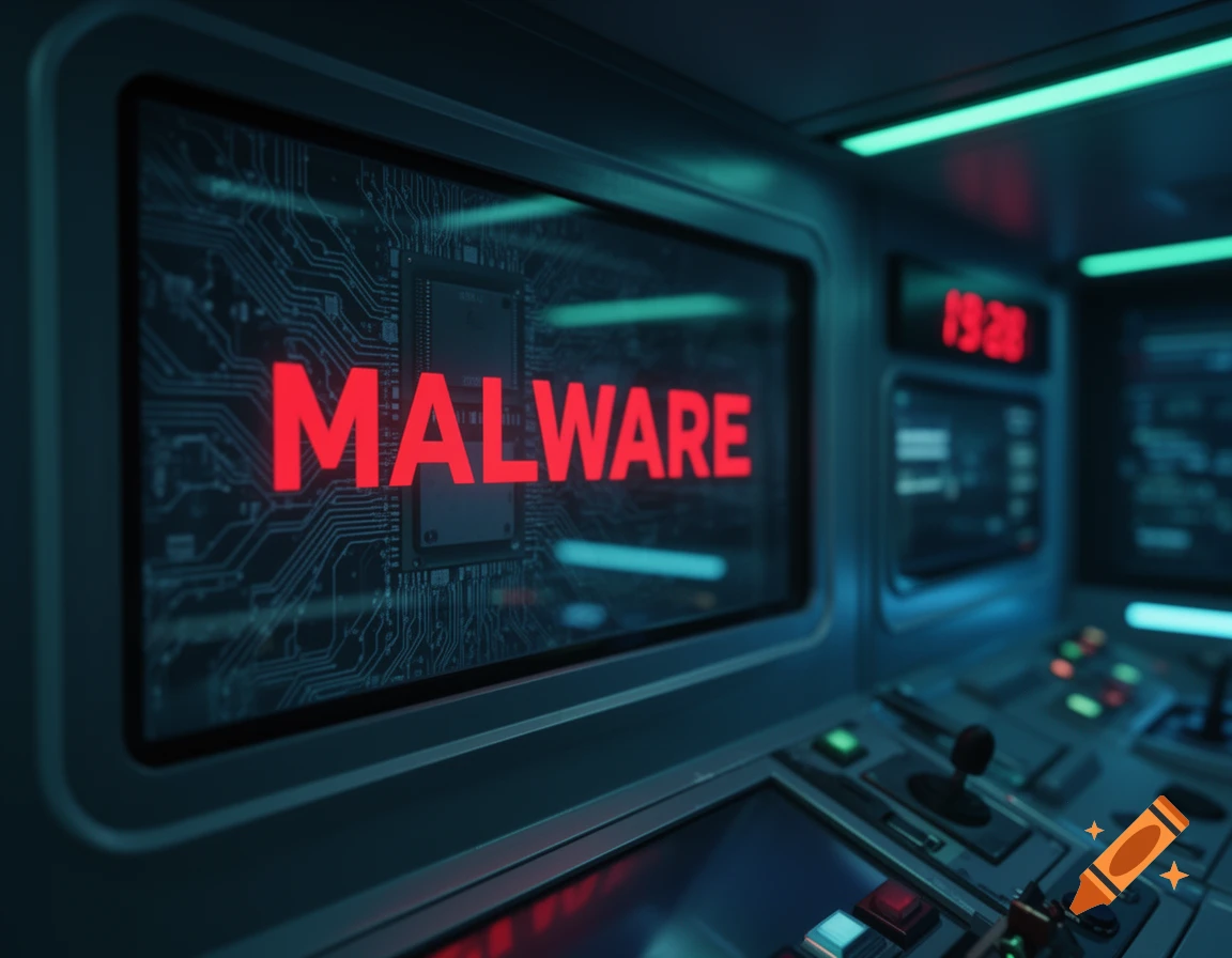 Futuristic control panel with a screen displaying 'MALWARE' in red over circuit board, next to a digital clock.