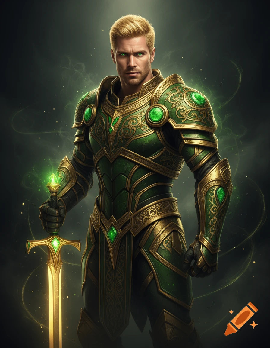 A powerful man with blonde hair and green eyes in intricate gold and green fantasy armor, holding a glowing golden sword in a mystical, dark setting.