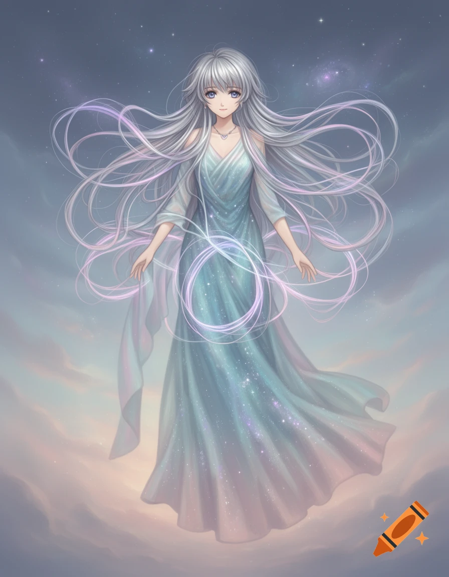 Anime-style woman with long white hair in a shimmering blue dress, surrounded by glowing ethereal lines, against a cosmic sky.