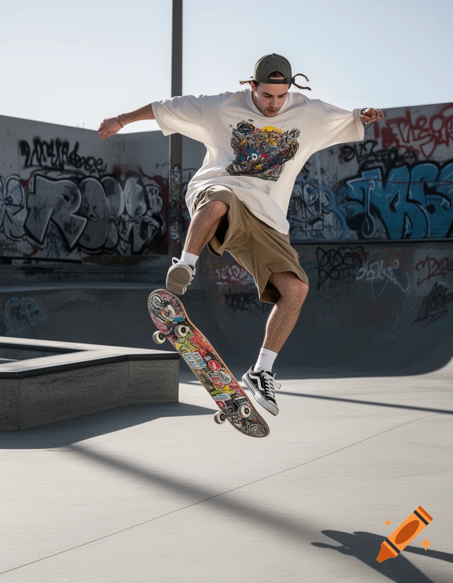 A male skateboarder in an oversized shirt and shorts jumps with his board in a sunny outdoor skate park with graffiti-covered walls.