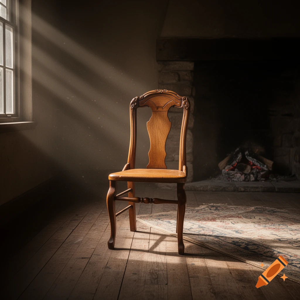 A wooden antique chair stands alone in a sunlit, rustic room with a stone fireplace and patterned rug. Photorealistic style.