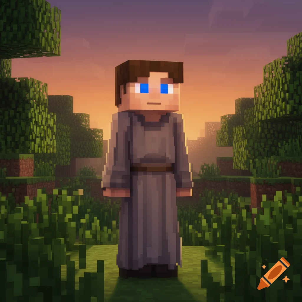 A blocky Minecraft-style character with brown hair and blue eyes, wearing a grey robe, stands in a pixelated grassy field at sunset.