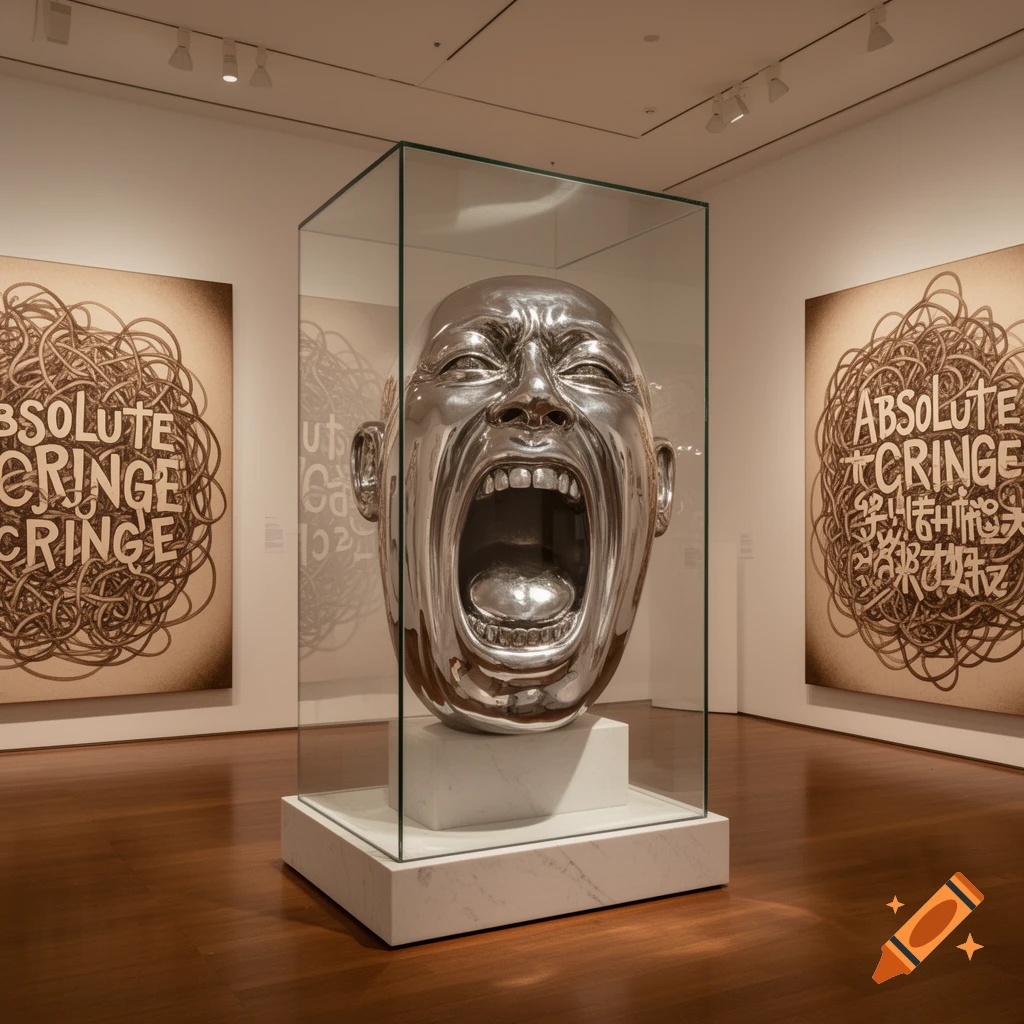 Photorealistic image of a metallic screaming head sculpture in a glass case, flanked by two paintings with 'ABSOLUTE CRINGE' text, in an art gallery.