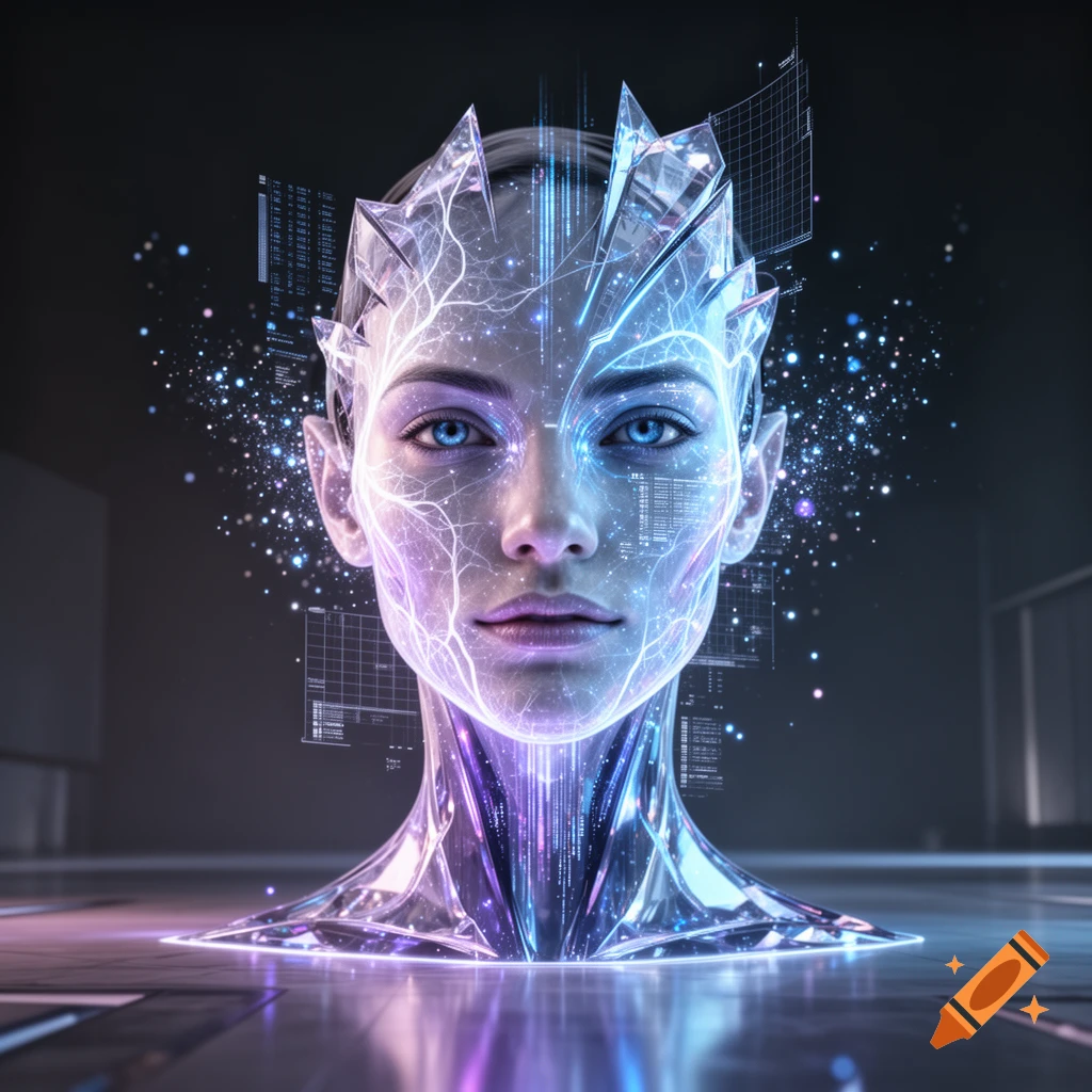 Close-up of a futuristic AI avatar's head and shoulders, glowing with blue and violet light and neural network patterns. Holographic data floats around the abstract digital face.