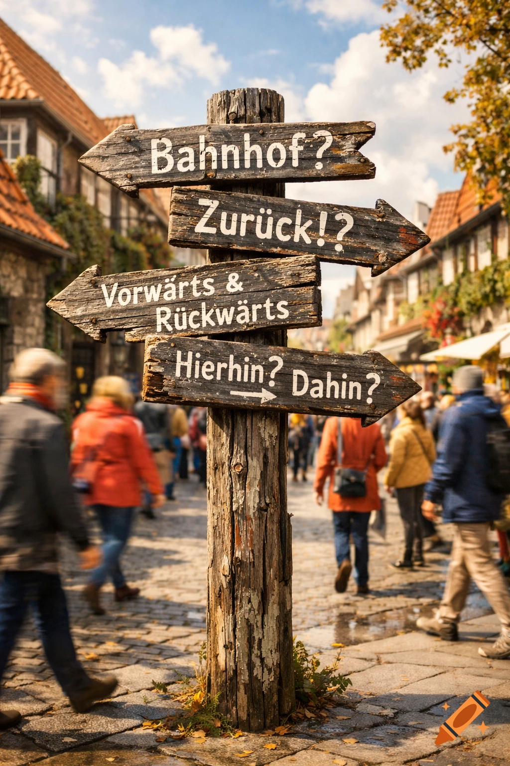 A wooden signpost with confusing German directional text stands on a ...