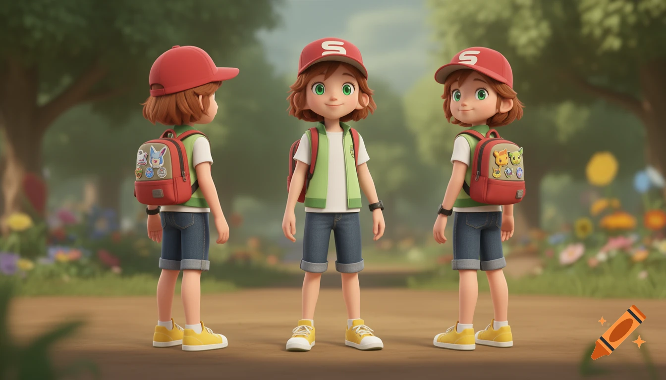 Three views of a cute 3D animated cartoon girl with a red cap and backpack, standing in a park.