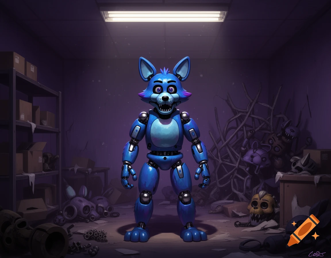 A blue animatronic fox stands in a dark, messy storage room filled with broken robot parts.
