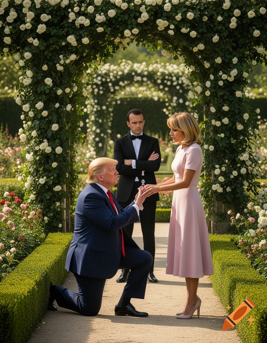 Donald Trump kneels, proposing to Brigitte Macron in a rose garden, while Emmanuel Macron stands nearby, arms crossed, looking displeased.