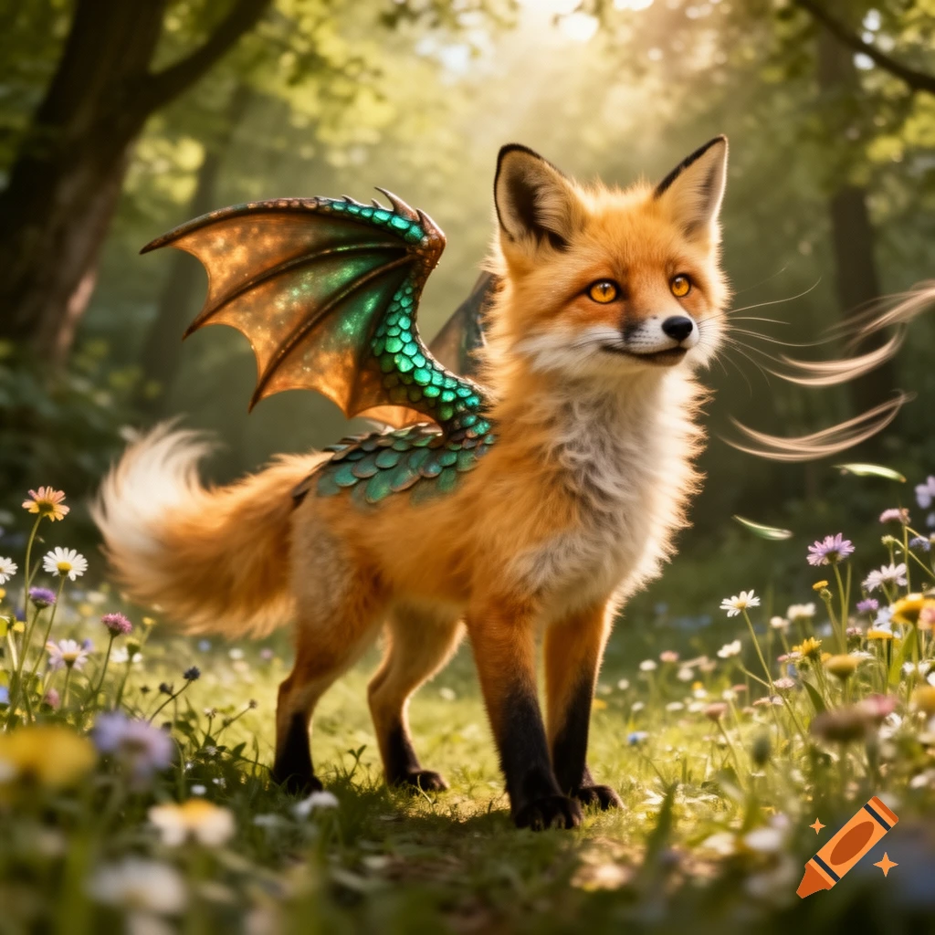 A cute, photorealistic fox with green and bronze dragon wings stands in a sunny, wildflower-filled forest clearing.