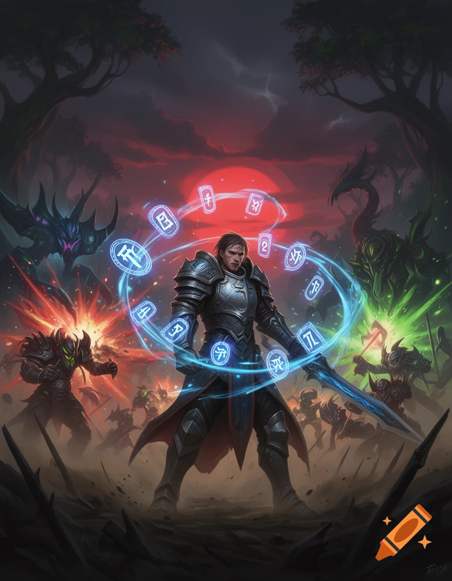 An armored warrior with a glowing sword stands amidst battle, surrounded by magic runes, facing shadowy monsters under a red sun.
