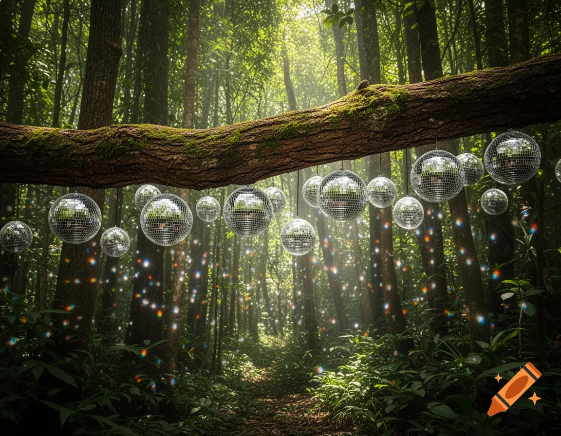 Disco balls hang from a moss-covered tree branch in a sunlit, lush forest, casting colorful light reflections.