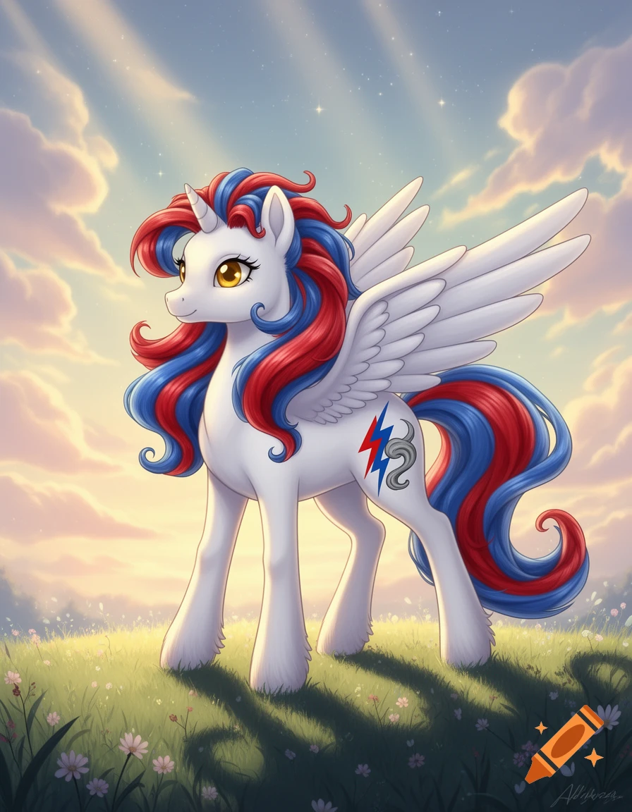 A white unicorn pegasus with a red and blue wavy mane and tail, golden eyes, and a lightning bolt cutie mark, stands in a grassy field under a cloudy sky.
