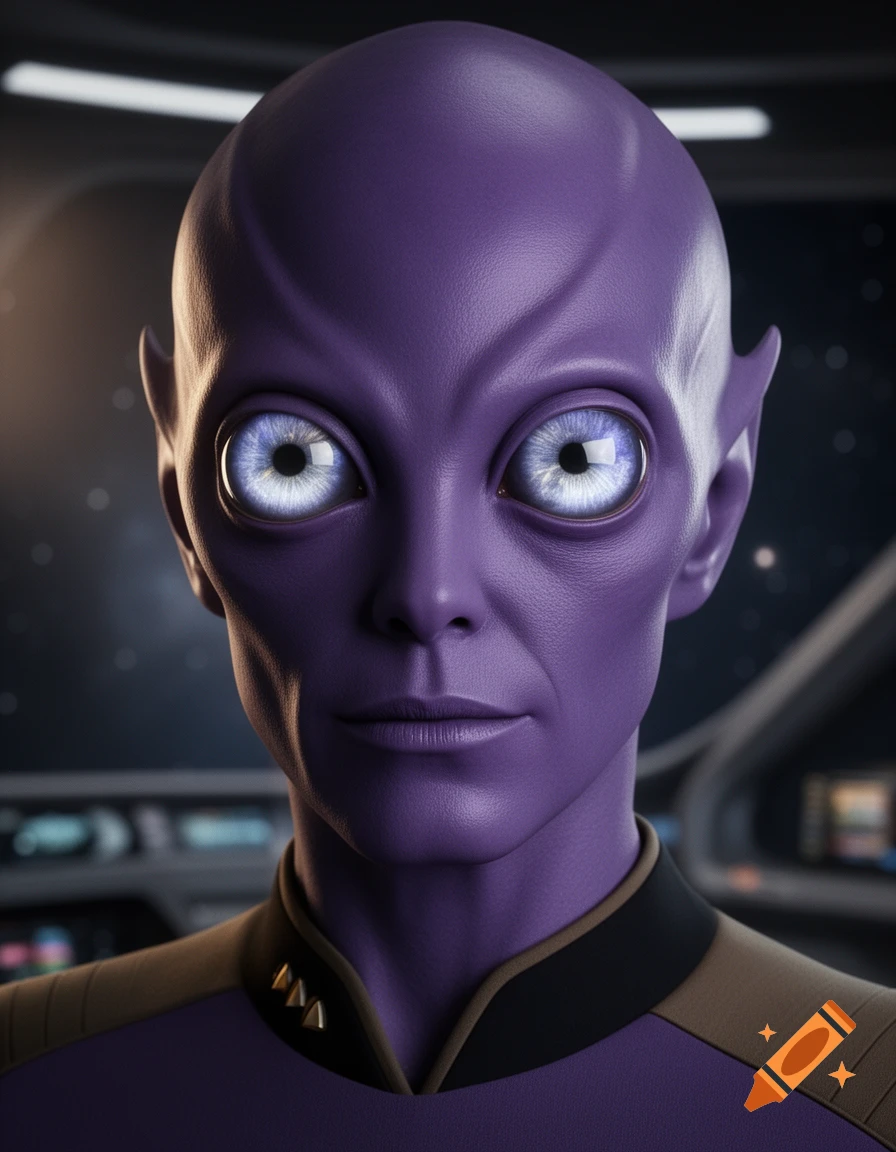 A hyperrealistic cinematic portrait of a purple-skinned alien with large glowing blue eyes, wearing a Star Trek-style uniform.