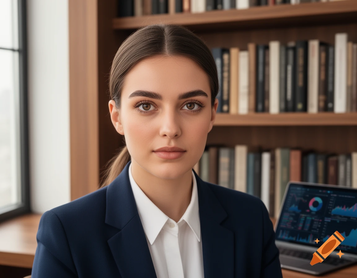 A photorealistic portrait of a young woman in a navy blazer and white shirt, looking directly at the viewer, with a bookshelf and a laptop displaying data in the background.