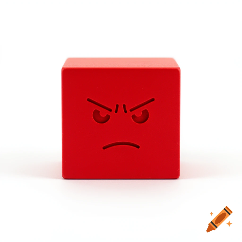 A minimalist red cube with an angry face carved into its front, set against a plain white background.