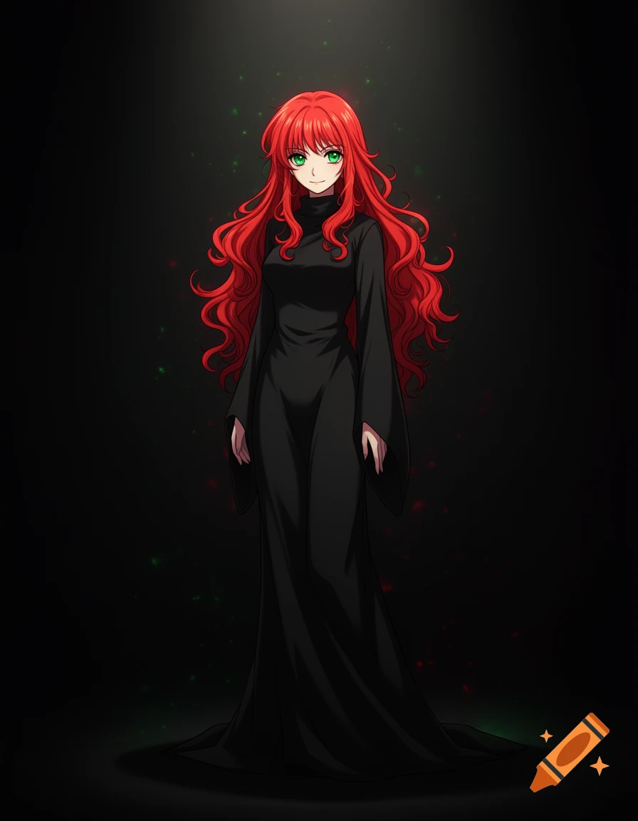An anime woman with long, wavy red hair and green eyes wearing a black ...