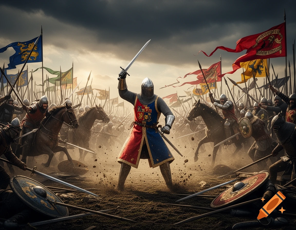 A dramatic medieval battle scene showing a knight in the foreground raising a sword, surrounded by soldiers on foot and horseback, under a stormy sky.