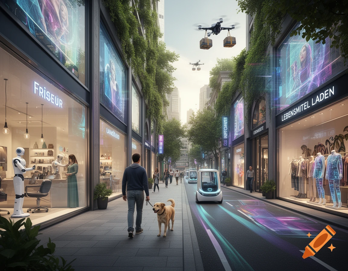 A man walks his dog down a futuristic, tree-lined city street with shops, robots, self-driving vehicles, and delivery drones overhead, rendered in a photorealistic style.