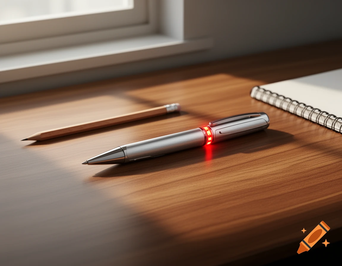 A high-tech silver pen with a red glowing LED, a wooden pencil, and a spiral notebook on a wooden desk, bathed in natural light.
