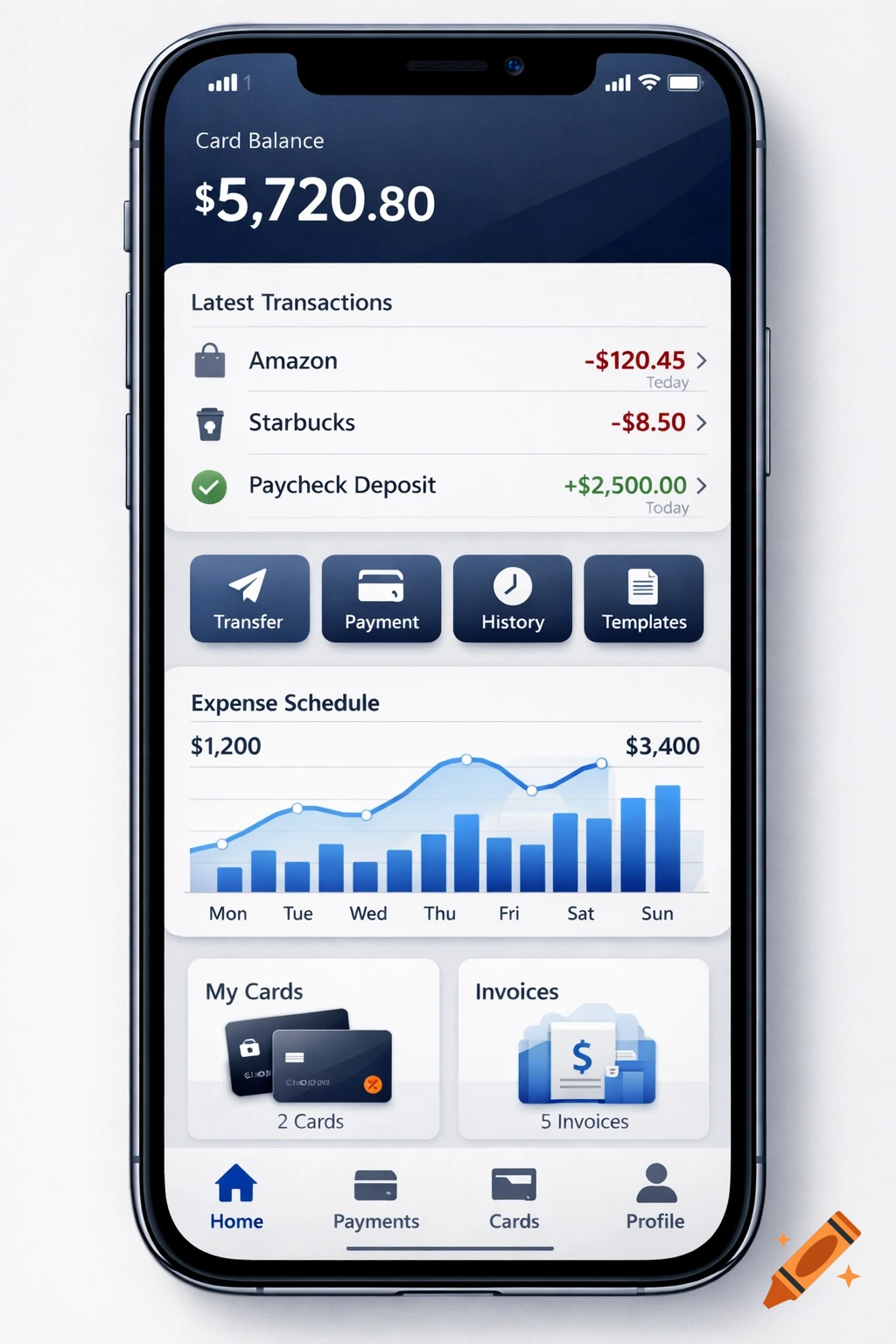 A photorealistic smartphone displays a modern mobile banking app interface with card balance, transaction history, quick action buttons, an expense schedule, and navigation bar.