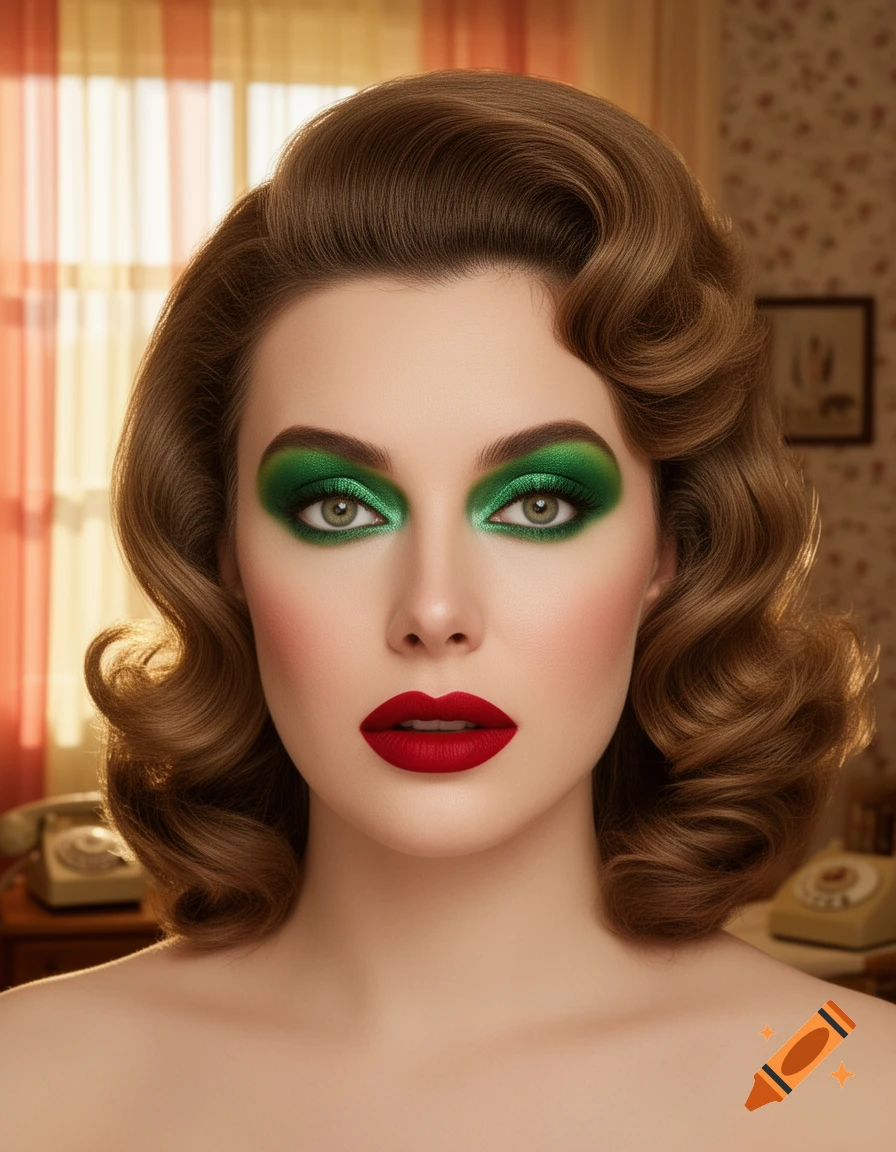 A woman with a retro hairstyle, bold green eyeshadow, and red lipstick, looking directly at the viewer.