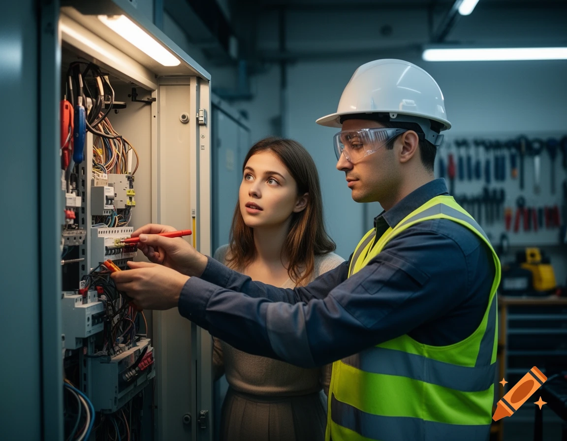 A photorealistic image of a male electrician in safety gear working on an electrical panel as a woman observes.