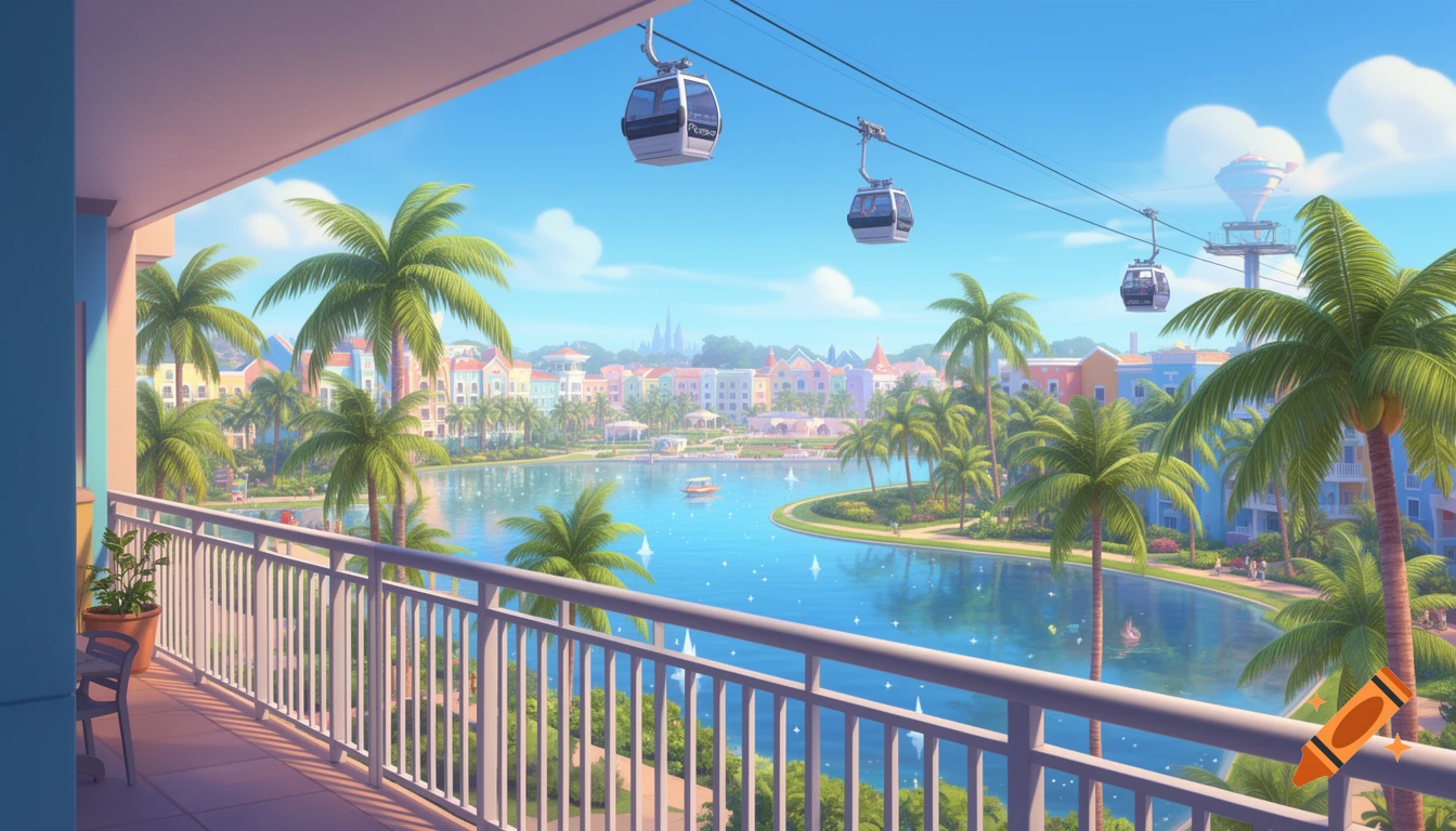 A bright Disney Pixar style balcony view overlooks a resort lake with colorful buildings, palm trees, and gondolas under a sunny sky.
