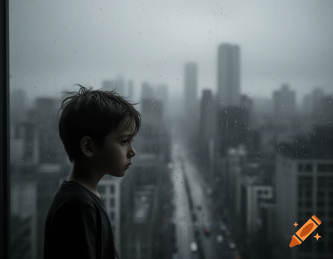 A lonely boy with messy hair stares out a rain-streaked window at a gloomy, blurry city skyline.