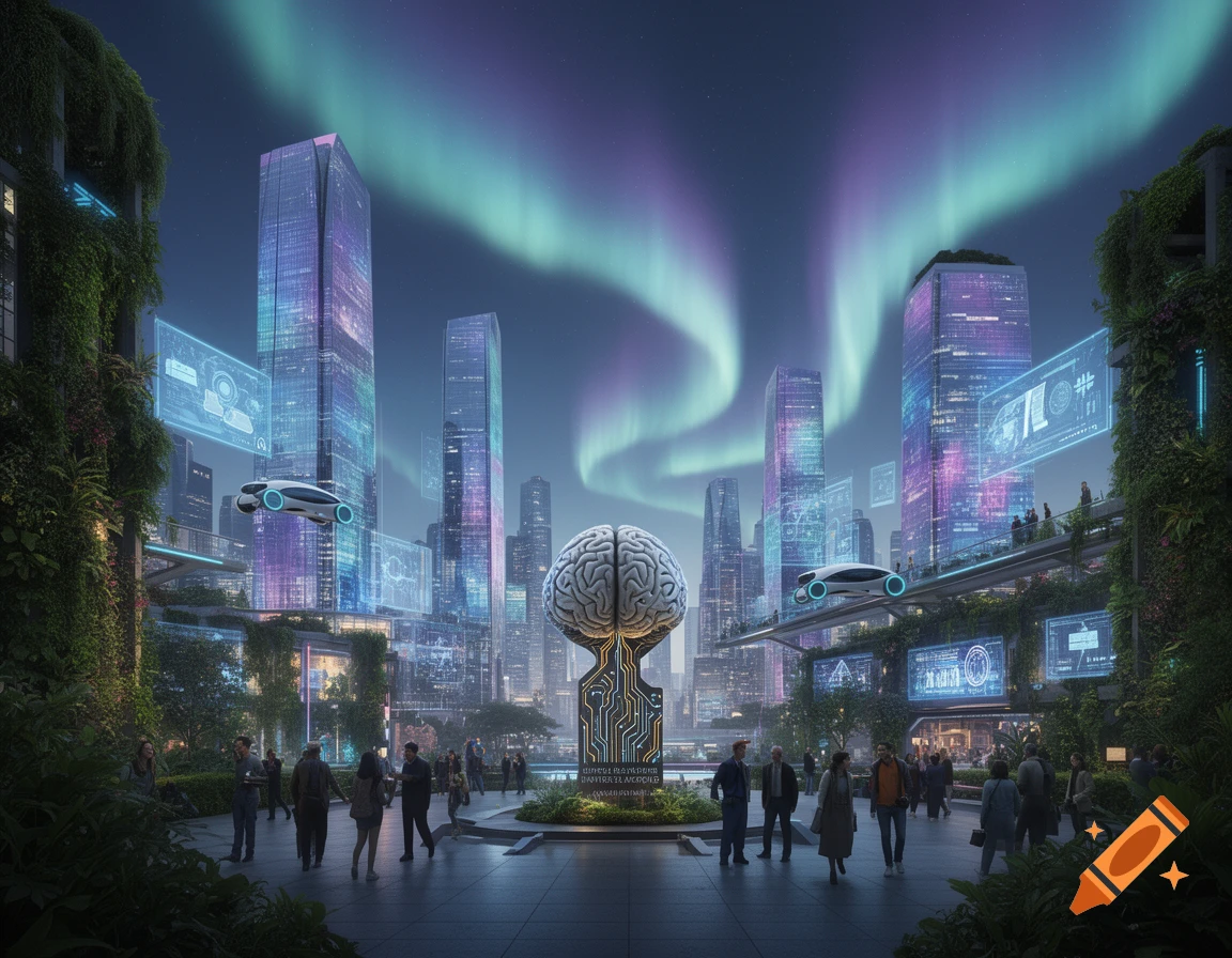 A vibrant futuristic city at night, with glowing skyscrapers, flying cars, and holographic displays under an aurora-lit sky. A large brain sculpture is in the central plaza where people walk.
