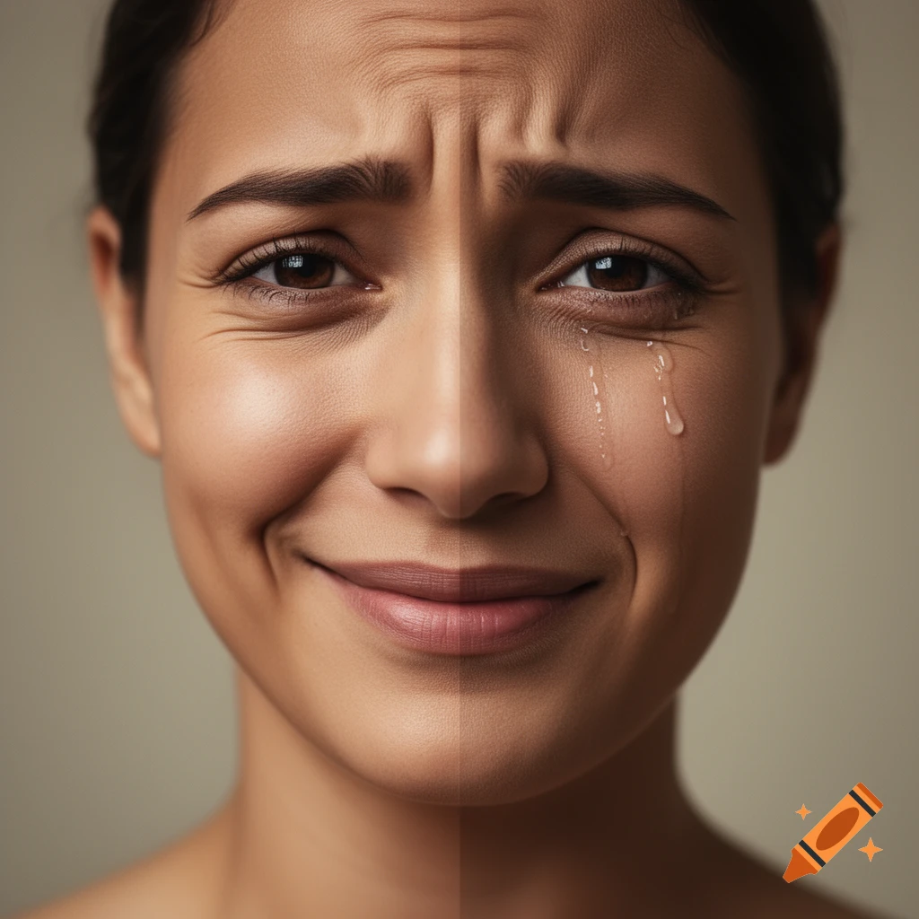 Close-up of a woman's face, left side smiling and right side crying, with tears running down one cheek.