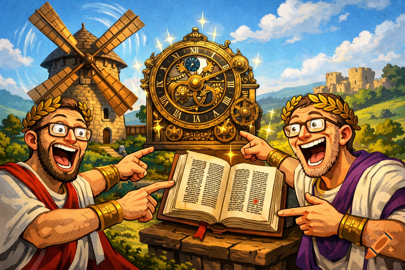 Two excited men in Roman tunics and laurel wreaths point at an open book, a large ornate clock, and a windmill with a castle in the background.