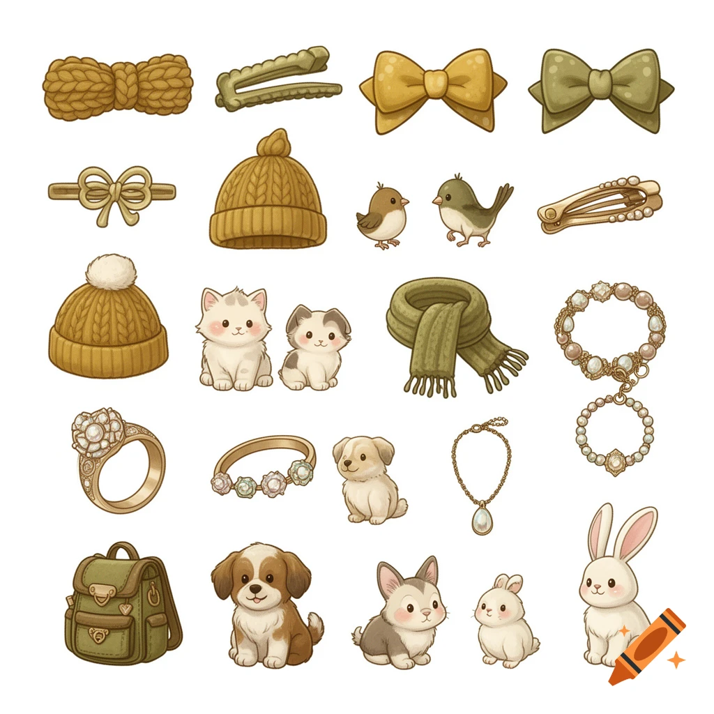 A collection of cute cartoon accessories and pets, including hats, scarves, jewelry, a backpack, kittens, puppies, birds, and bunnies, on a white background.