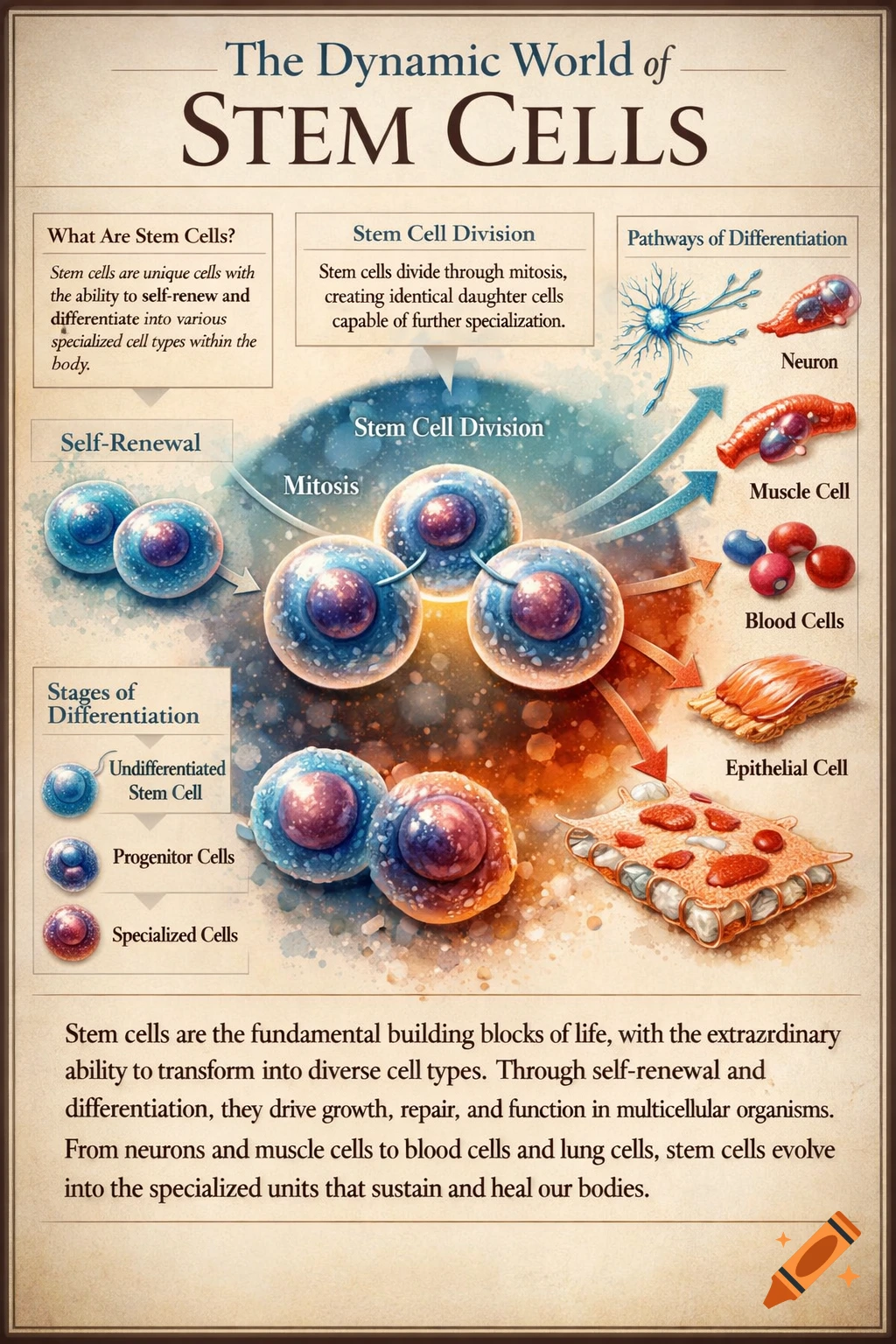 A detailed scientific poster illustrating stem cell division and differentiation into neuron, muscle, blood, and epithelial cells.
