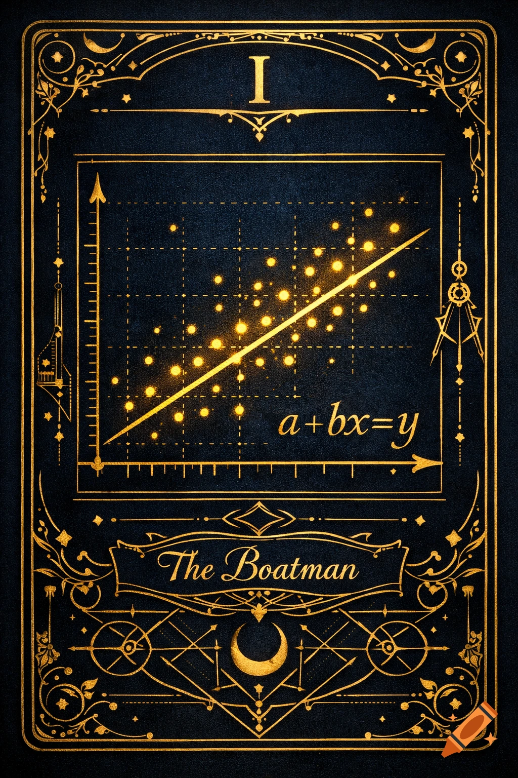 A dark blue and gold stylized card features a glowing linear regression graph with "a+bx=y", labeled "The Boatman", and Roman numeral "I".