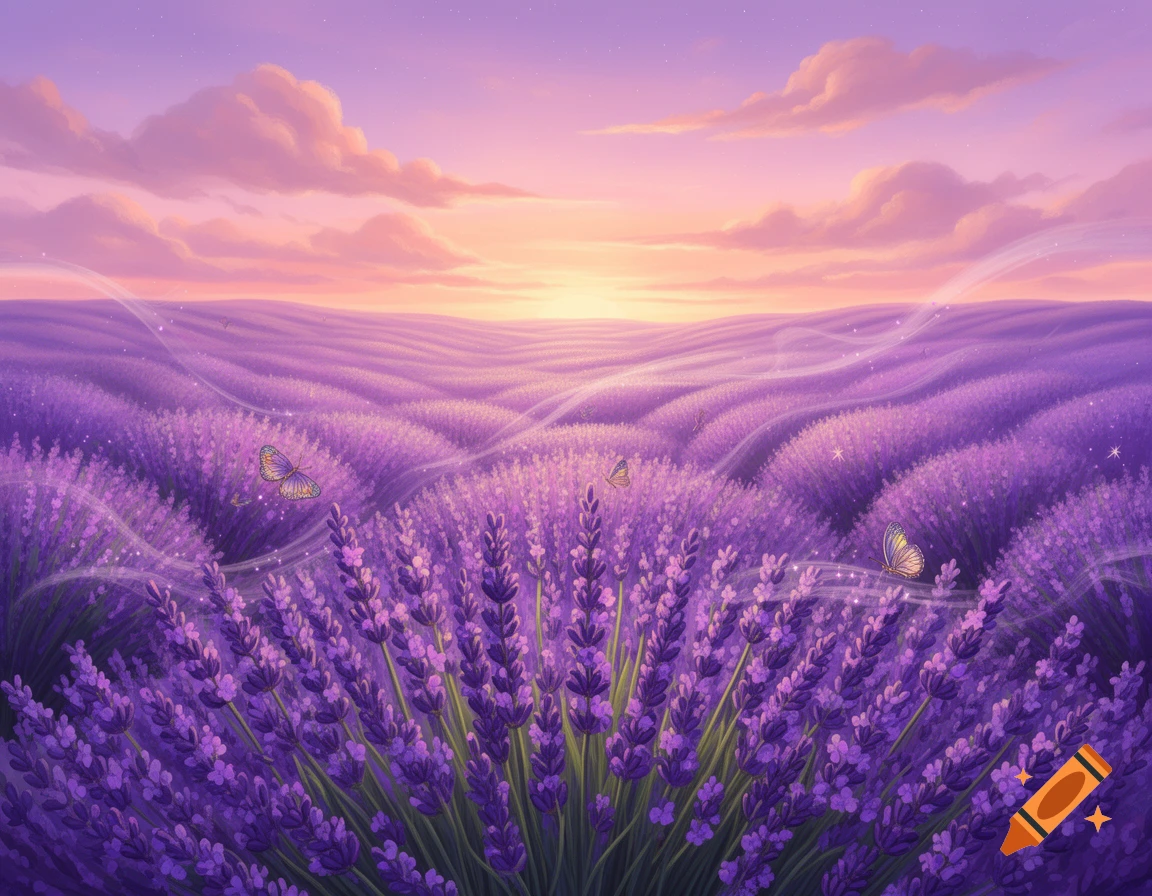 A dreamy, stylized lavender field with butterflies under a sunset sky ...