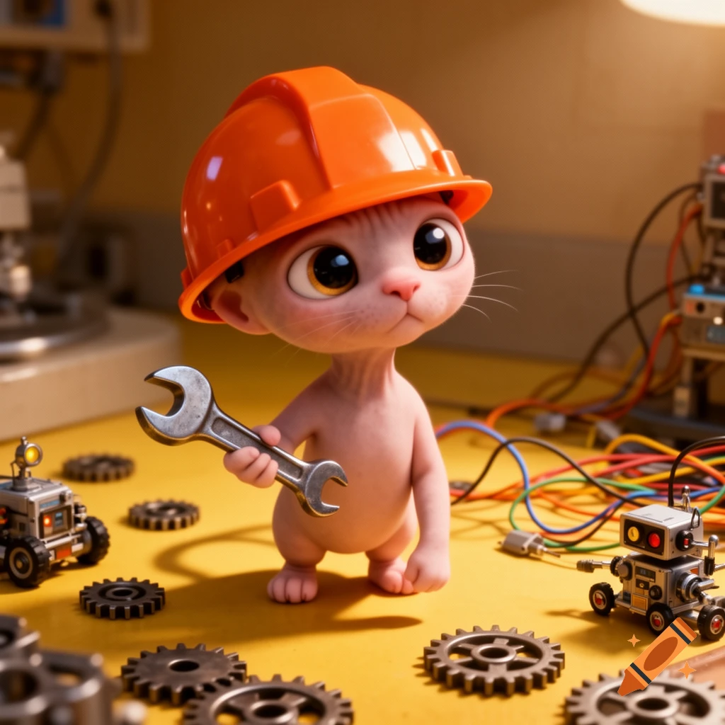 A cute, hairless kitten in an orange hard hat holds a wrench amidst gears, wires, and tiny robots in a 3D Pixar-style render.