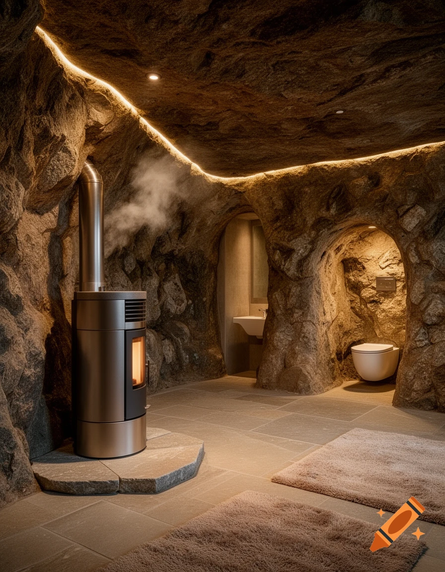 Photorealistic image of a modern cave dwelling with a metallic stove emitting smoke, strip lighting, a bathroom alcove, and two brown rugs.