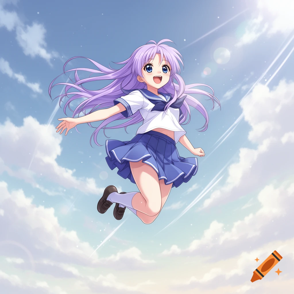 An anime girl with long purple hair, wearing a white sailor top and blue pleated skirt, jumps happily in a blue sky with white clouds.