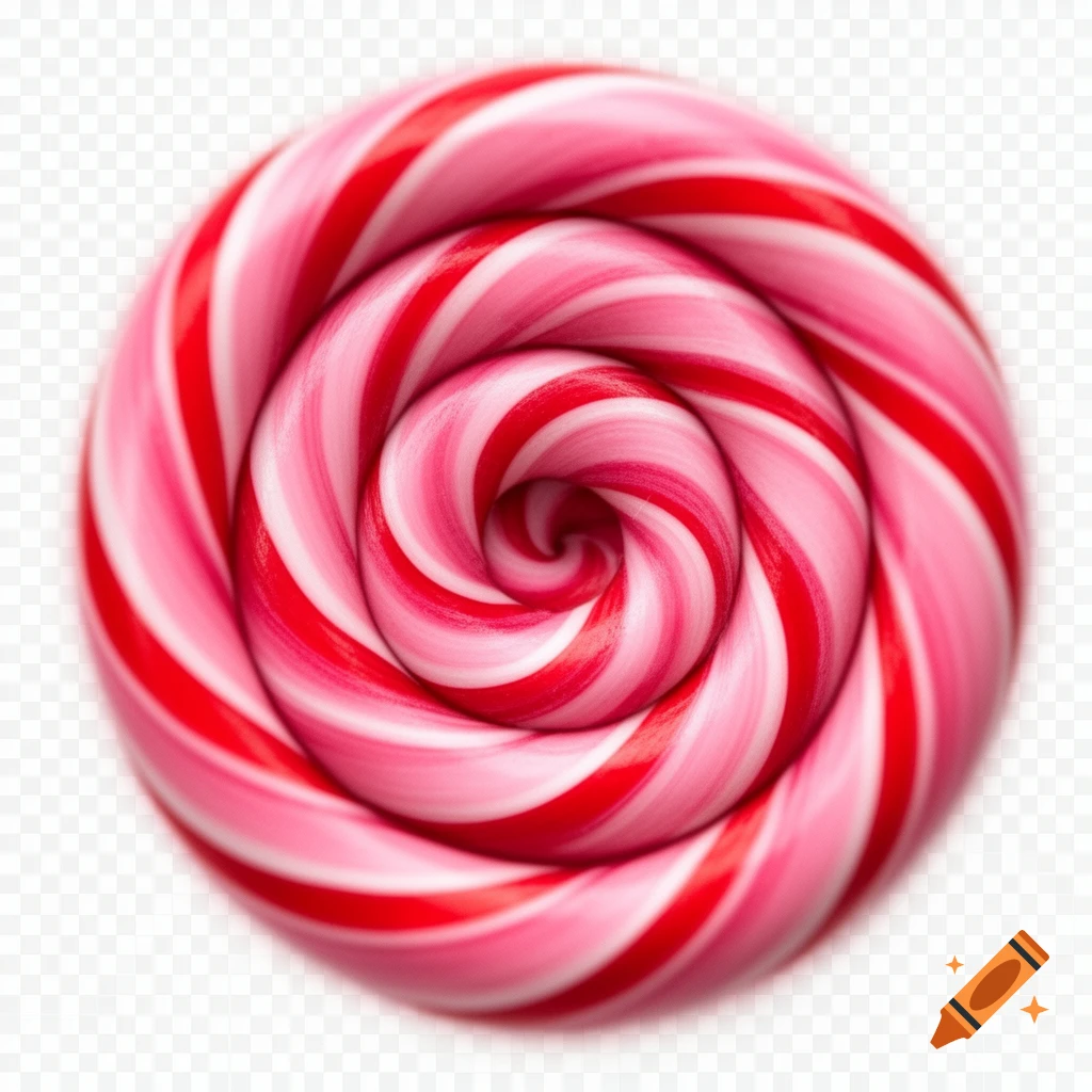 A close-up, top-down view of a red, pink, and white swirl lollipop with a transparent background.