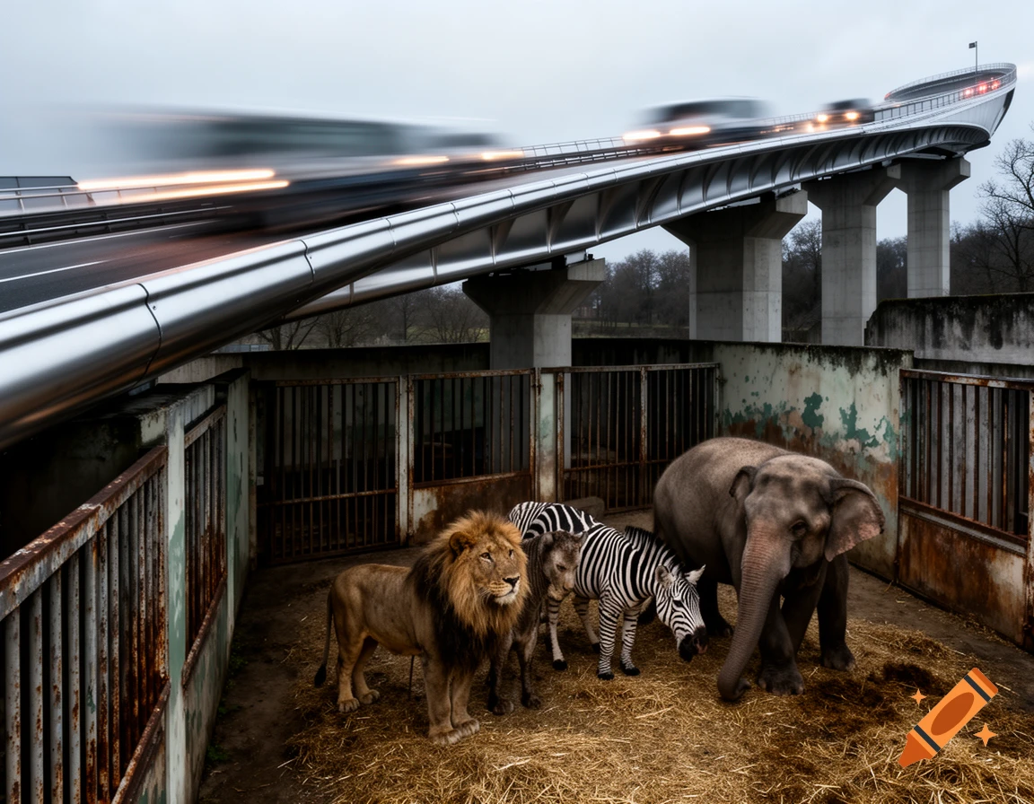 Photorealistic image of a lion, two zebras, and an elephant in a run-down zoo enclosure under a modern highway with streaking car lights.