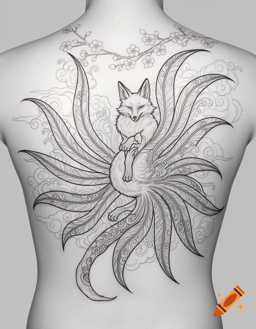 Detailed outline tattoo of a nine-tailed Kitsune fox surrounded by clouds and cherry blossoms on a person's back in Japanese style.