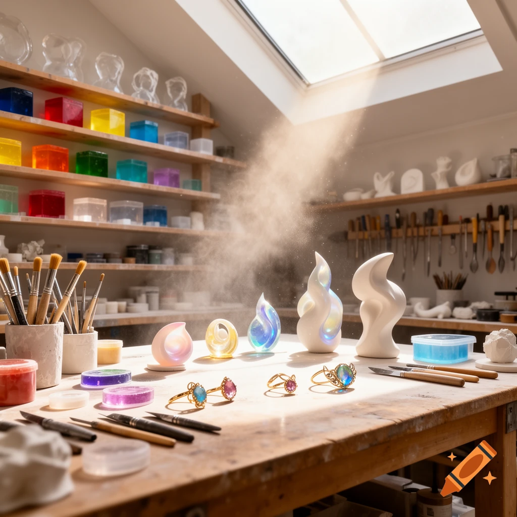 A sunlit art studio workbench showcases colorful resin and jesmonite art pieces, jewelry, and tools, with shelves of supplies in the background.
