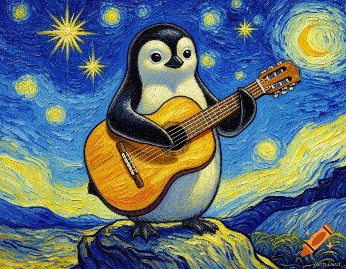 A cartoon penguin playing an acoustic guitar against a starry night sky in the distinct impressionistic style of Van Gogh.