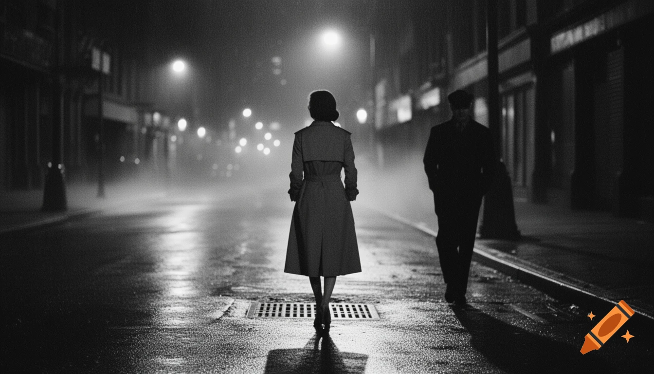 Black and white film noir scene: a woman walks on a misty, rain-slicked city street at night, followed by a man.