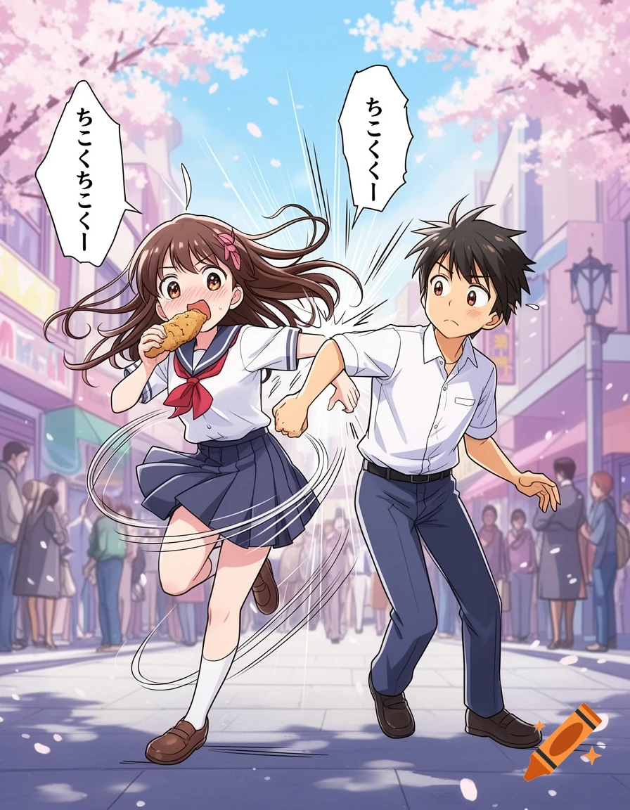 Anime girl with bread in mouth runs and bumps into a boy on a cherry blossom-lined street.