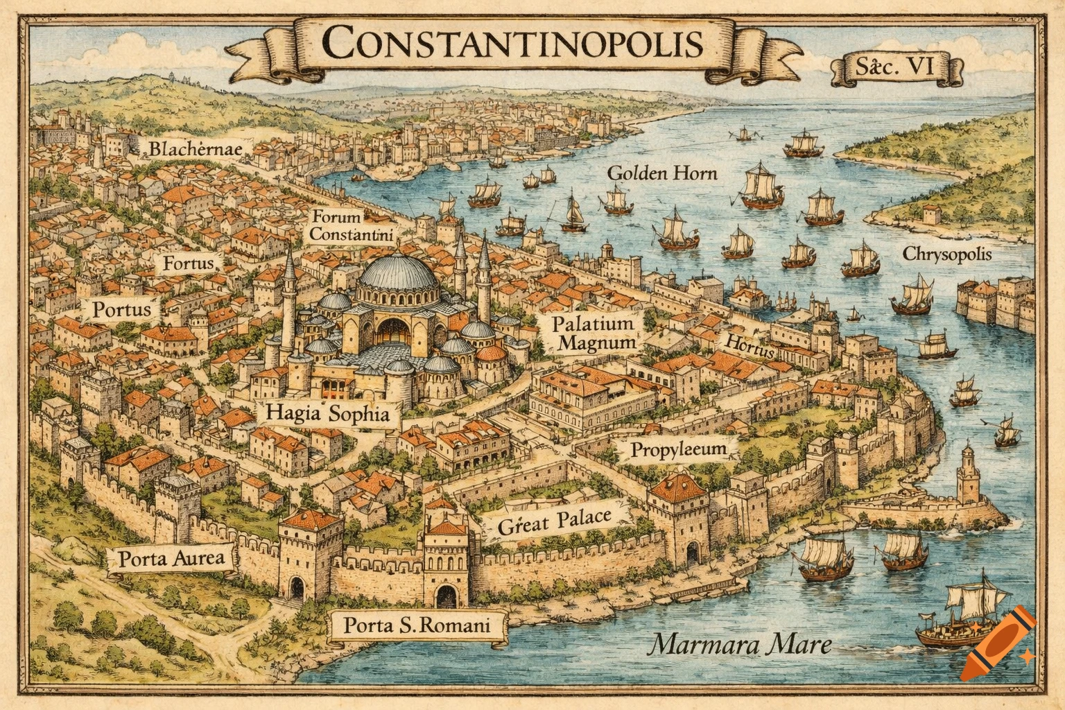 Detailed hand-drawn, ink, and watercolor map of 6th-century Constantinople, featuring the Hagia Sophia, Great Palace, and Golden Horn.