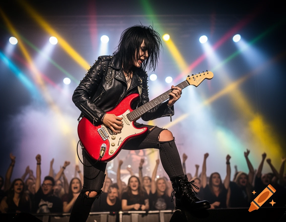 A female rock guitarist with spiky black hair plays a red electric guitar on a brightly lit stage in front of a cheering crowd.