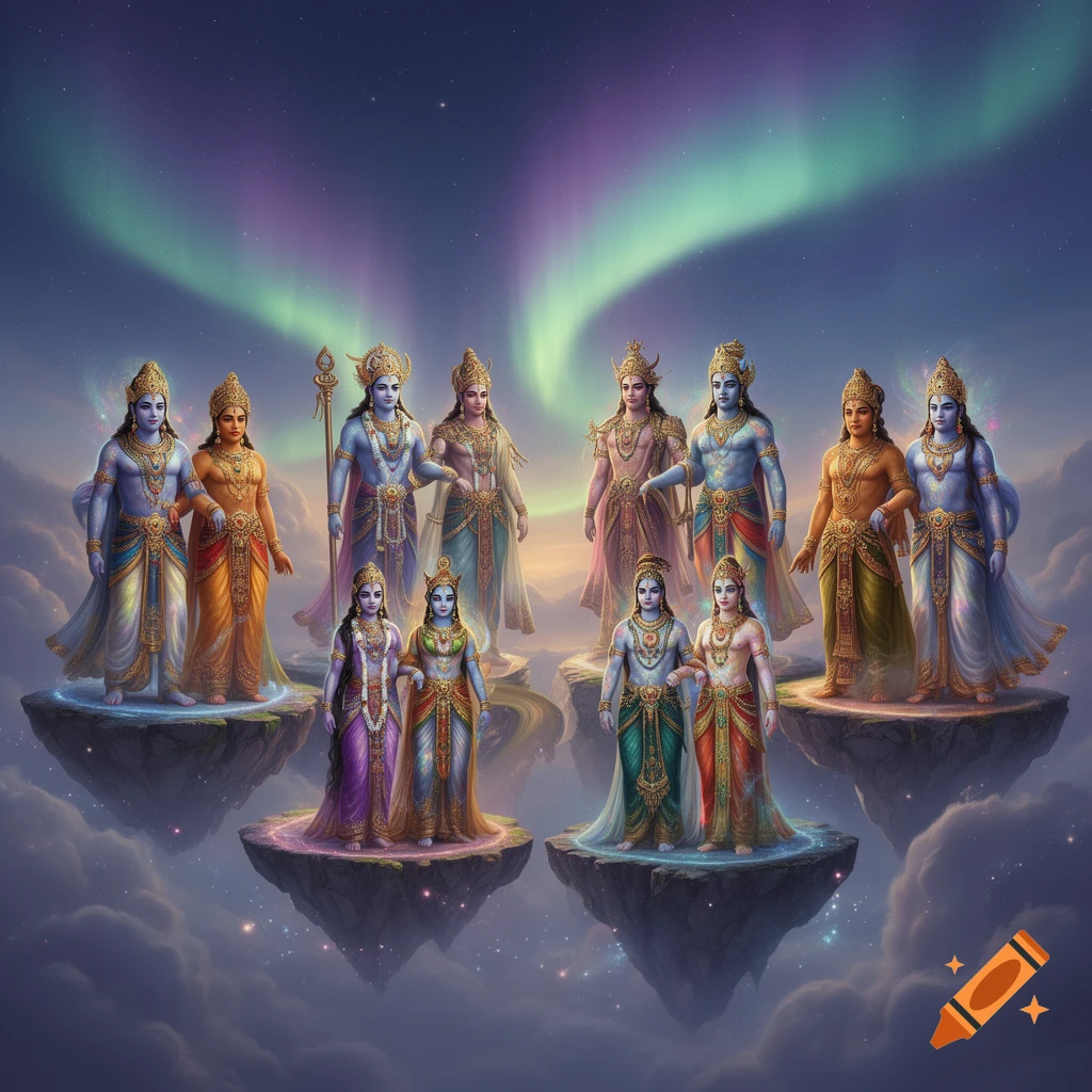 Sixteen divine figures, male and female pairs, stand on floating platforms above clouds under a colorful aurora-lit sky.