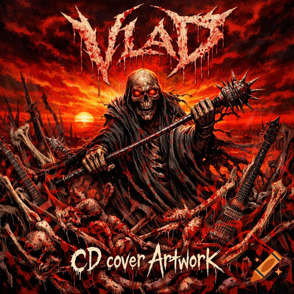 Stylized heavy metal album art of a skeletal grim reaper with a spiked mace amidst bones, blood, and guitars under a red sky.
