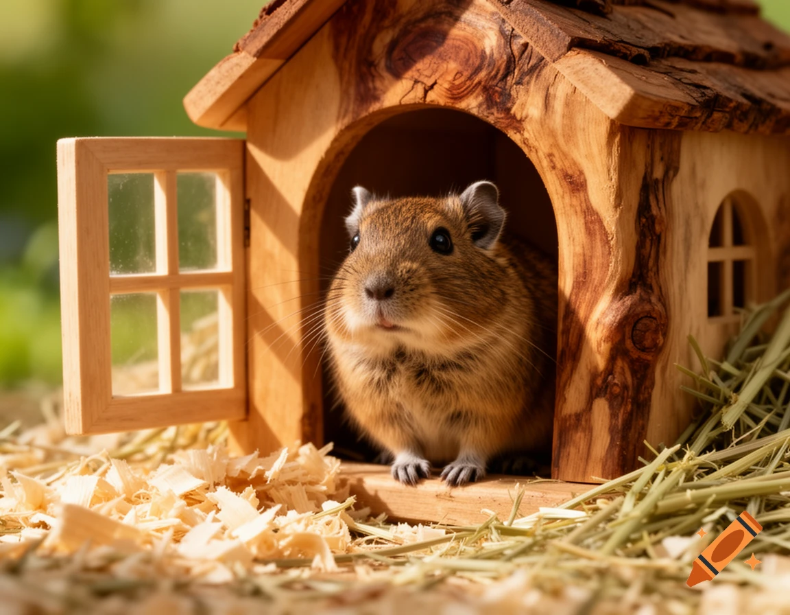 A small brown rodent, possibly a Degu, peeks out from the entrance of a rustic wooden house, surrounded by wood shavings and hay.
